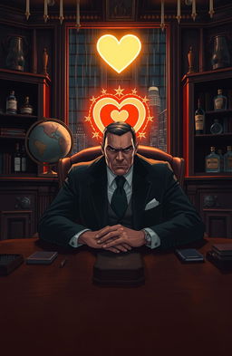 A dramatic and cinematic illustration of "The Don's Heart", featuring a strong, charismatic mob boss sitting at a lavish oak desk in a dimly lit office