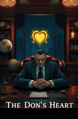 A dramatic and cinematic illustration of "The Don's Heart", featuring a strong, charismatic mob boss sitting at a lavish oak desk in a dimly lit office