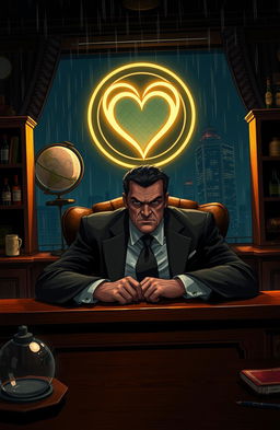 A dramatic and cinematic illustration of "The Don's Heart", featuring a strong, charismatic mob boss sitting at a lavish oak desk in a dimly lit office