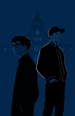 A dark blue background features a majestic school building