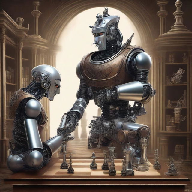 A high-quality digital art illustrating two robots engrossed in a game of chess