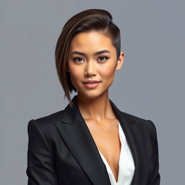 A stunning portrait of a confident individual, showcasing them in a sophisticated tailored suit that is sleek and modern, emphasizing a sharp silhouette