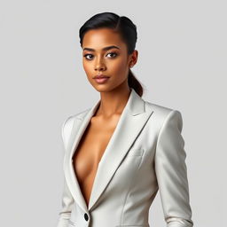 A stunning portrait of a confident individual, showcasing them in a sophisticated tailored suit that is sleek and modern, emphasizing a sharp silhouette