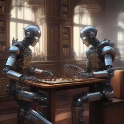 A high-quality digital art illustrating two robots engrossed in a game of chess