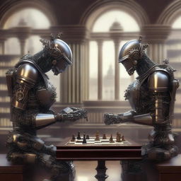 A high-quality digital art illustrating two robots engrossed in a game of chess