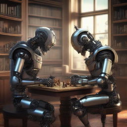 A high-quality digital art illustrating two robots engrossed in a game of chess