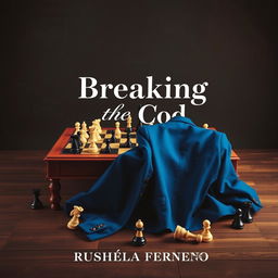 A book cover titled 'Breaking the Code' by Rushela Fernando, featuring a dynamic arrangement of intricately designed chess pieces scattered across a wooden table