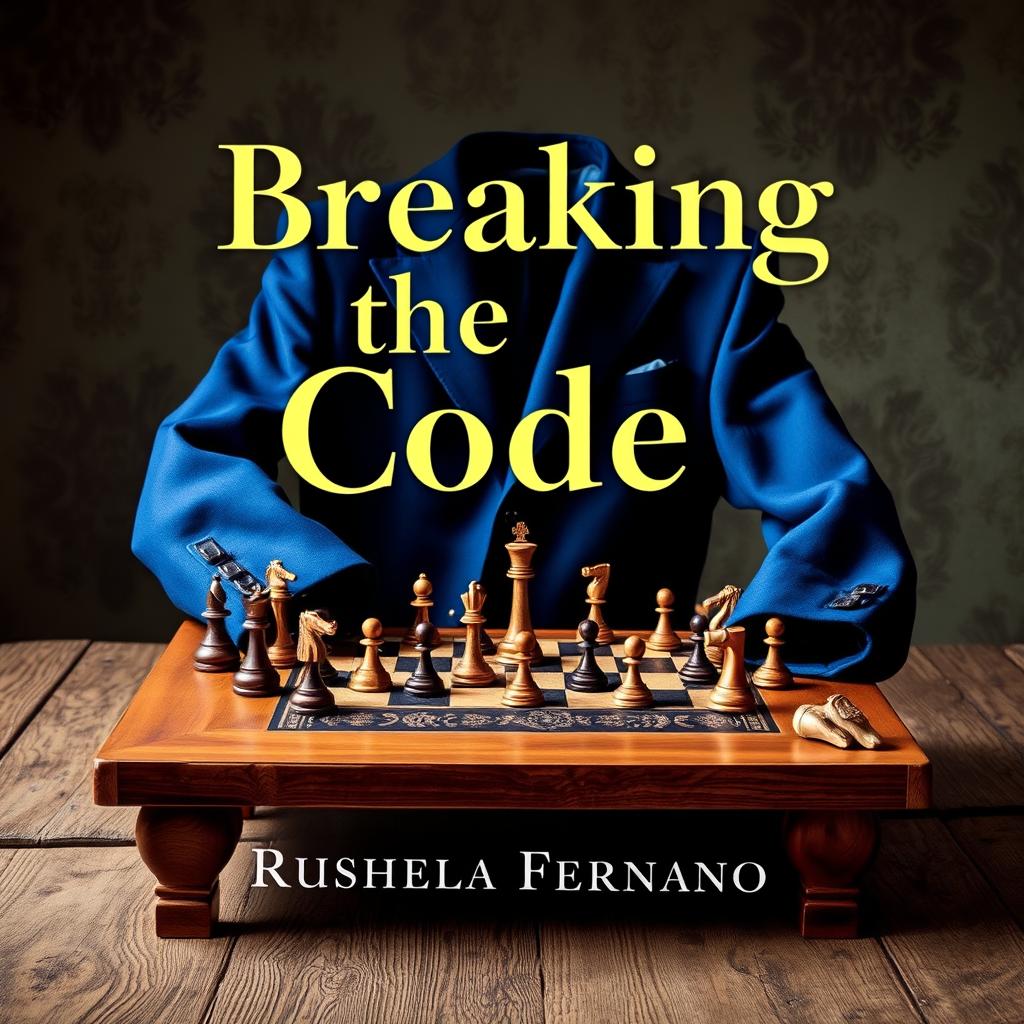 A book cover titled 'Breaking the Code' by Rushela Fernando, featuring a dynamic arrangement of intricately designed chess pieces scattered across a wooden table