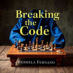 A book cover titled 'Breaking the Code' by Rushela Fernando, featuring a dynamic arrangement of intricately designed chess pieces scattered across a wooden table