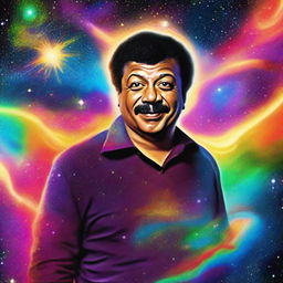 An enhanced digital art piece where Neil DeGrasse Tyson is seen venturing beyond the observable universe