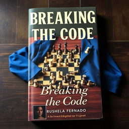 A book cover titled 'Breaking the Code' by Rushela Fernando, featuring a dynamic arrangement of intricately designed chess pieces scattered across a wooden table