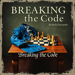 A book cover titled 'Breaking the Code' by Rushela Fernando, featuring a dynamic arrangement of intricately designed chess pieces scattered across a wooden table