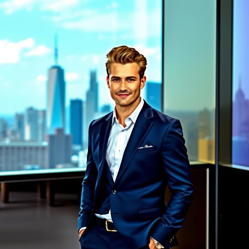 A stylish man in a modern setting, wearing a sharp tailored suit in navy blue