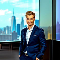 A stylish man in a modern setting, wearing a sharp tailored suit in navy blue