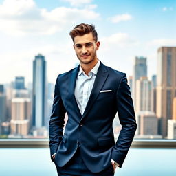 A stylish man in a modern setting, wearing a sharp tailored suit in navy blue