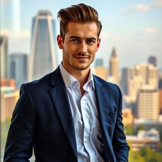 A stylish man in a modern setting, wearing a sharp tailored suit in navy blue