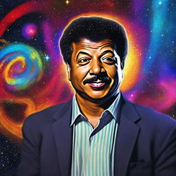 An enhanced digital art piece where Neil DeGrasse Tyson is seen venturing beyond the observable universe