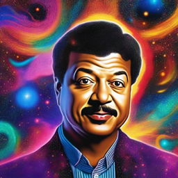 An enhanced digital art piece where Neil DeGrasse Tyson is seen venturing beyond the observable universe