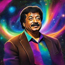 An enhanced digital art piece where Neil DeGrasse Tyson is seen venturing beyond the observable universe