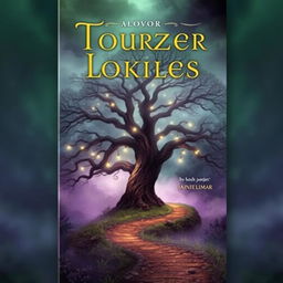 A captivating book cover design featuring an ethereal landscape with a mystical forest shrouded in fog