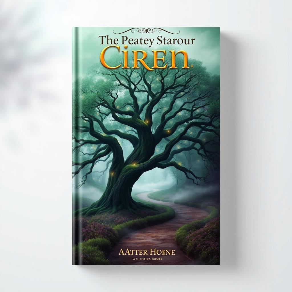 A captivating book cover design featuring an ethereal landscape with a mystical forest shrouded in fog