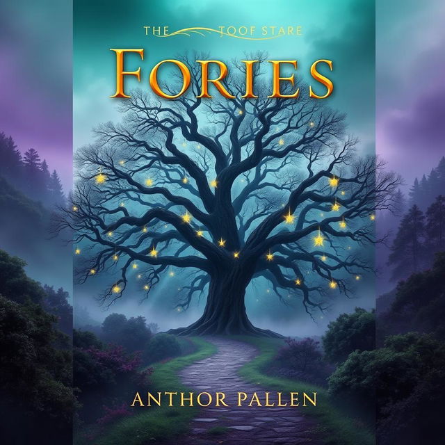 A captivating book cover design featuring an ethereal landscape with a mystical forest shrouded in fog