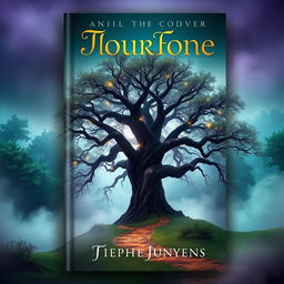 A captivating book cover design featuring an ethereal landscape with a mystical forest shrouded in fog