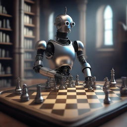 A top-quality digital art piece that portrays a single robot deeply engaged in a game of chess