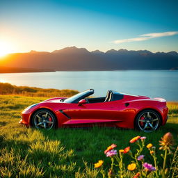 A stunning red sports car parked near a serene lake with mountains in the background