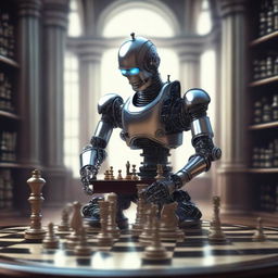 A top-quality digital art piece that portrays a single robot deeply engaged in a game of chess