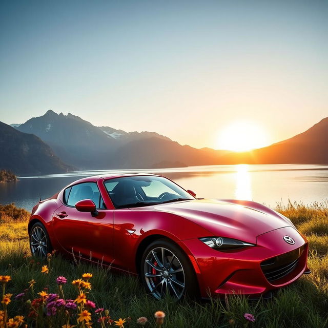 A stunning red sports car parked near a serene lake with mountains in the background