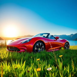 A stunning red sports car parked near a serene lake with mountains in the background
