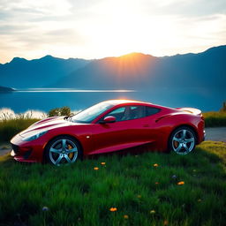 A stunning red sports car parked near a serene lake with mountains in the background