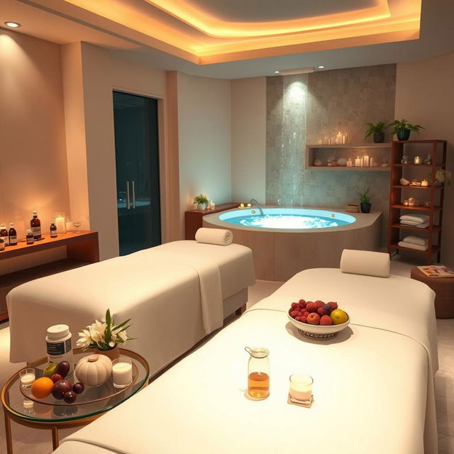 A luxurious spa scene featuring an opulent indoor space bathed in soft, warm lighting