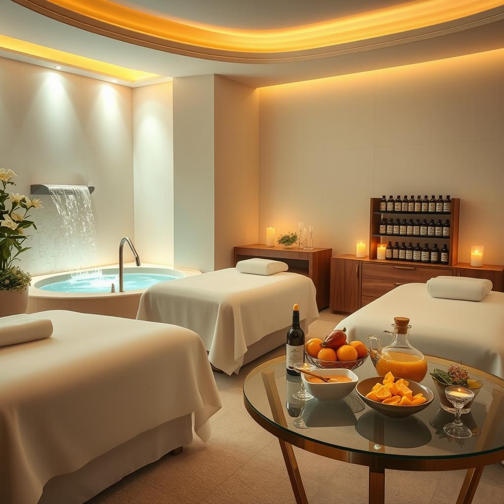 A luxurious spa scene featuring an opulent indoor space bathed in soft, warm lighting