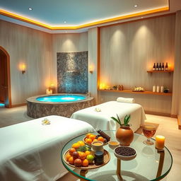 A luxurious spa scene featuring an opulent indoor space bathed in soft, warm lighting