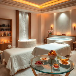 A luxurious spa scene featuring an opulent indoor space bathed in soft, warm lighting