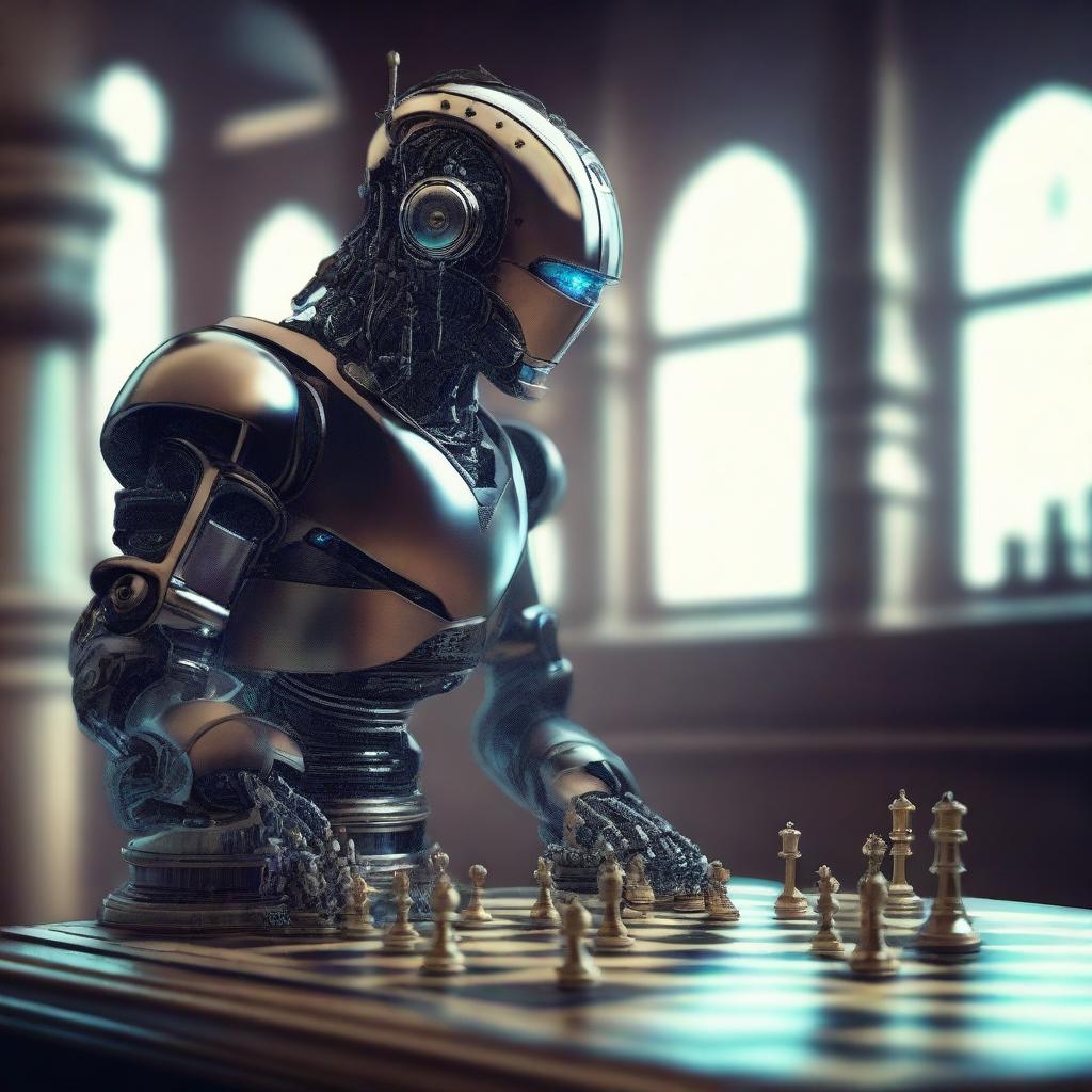 A top-quality digital art piece that portrays a single robot deeply engaged in a game of chess