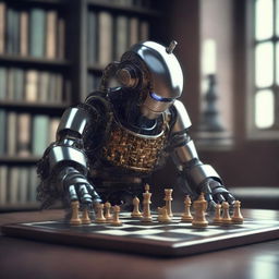 A top-quality digital art piece that portrays a single robot deeply engaged in a game of chess