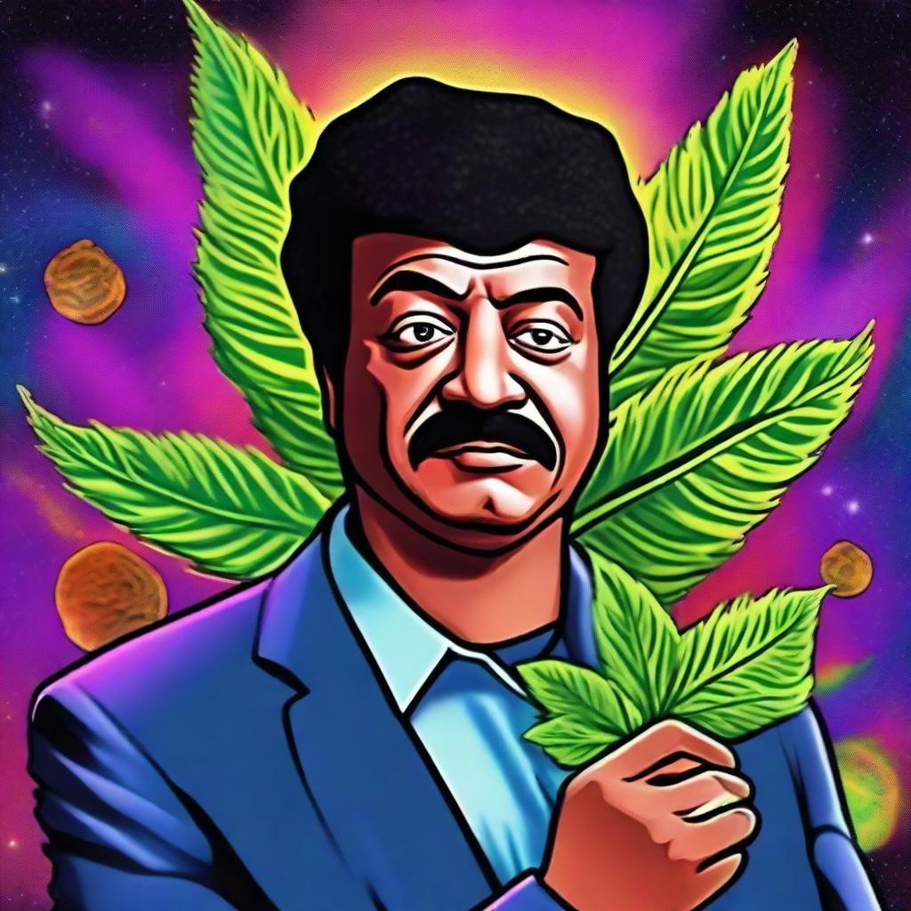 A playful revision of the digital art piece, now featuring Neil DeGrasse Tyson holding a stylized, cartoonish depiction of a marijuana leaf in the uncharted territories beyond the observable universe