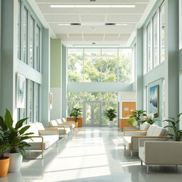 Design of a hospital space with soft, calming colors such as light blues, greens, and pale yellows that promote relaxation and reduce stress