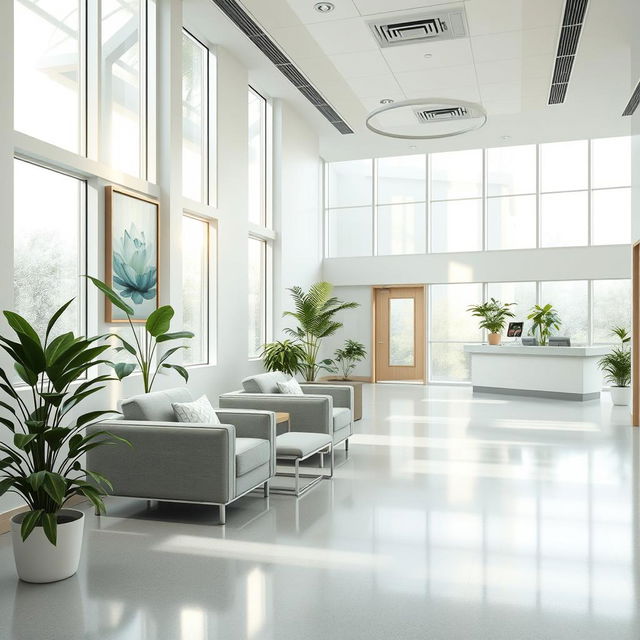 Design of a hospital space with soft, calming colors such as light blues, greens, and pale yellows that promote relaxation and reduce stress