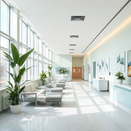 Design of a hospital space with soft, calming colors such as light blues, greens, and pale yellows that promote relaxation and reduce stress