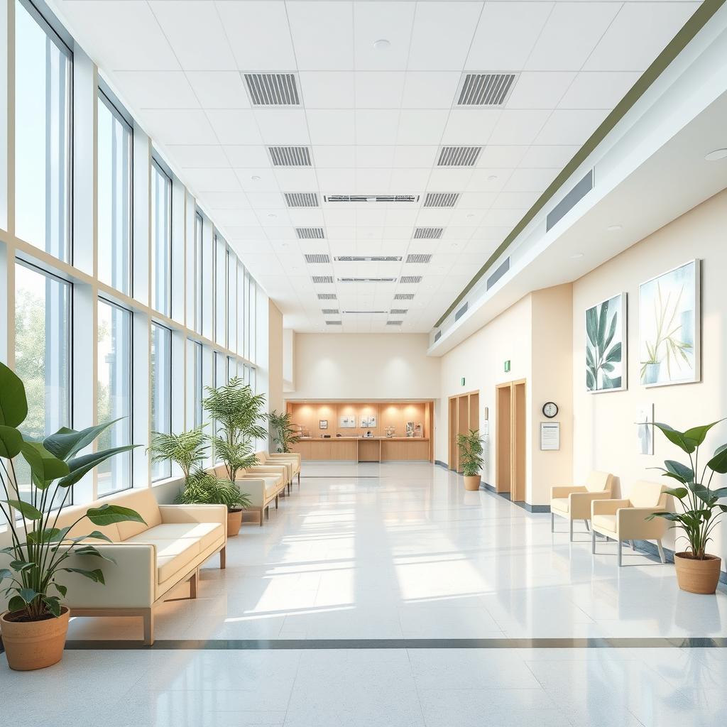 Design of a hospital space with soft, calming colors such as light blues, greens, and pale yellows that promote relaxation and reduce stress