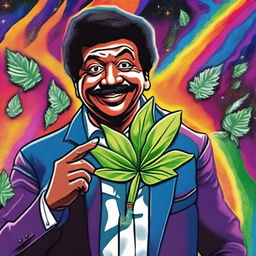 A playful revision of the digital art piece, now featuring Neil DeGrasse Tyson holding a stylized, cartoonish depiction of a marijuana leaf in the uncharted territories beyond the observable universe