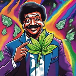 A playful revision of the digital art piece, now featuring Neil DeGrasse Tyson holding a stylized, cartoonish depiction of a marijuana leaf in the uncharted territories beyond the observable universe