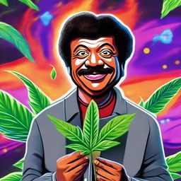 A playful revision of the digital art piece, now featuring Neil DeGrasse Tyson holding a stylized, cartoonish depiction of a marijuana leaf in the uncharted territories beyond the observable universe