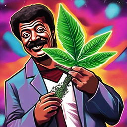 A playful revision of the digital art piece, now featuring Neil DeGrasse Tyson holding a stylized, cartoonish depiction of a marijuana leaf in the uncharted territories beyond the observable universe