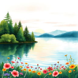 A serene lakeside scene illustrated in a beautiful watercolor style, designed for a book cover