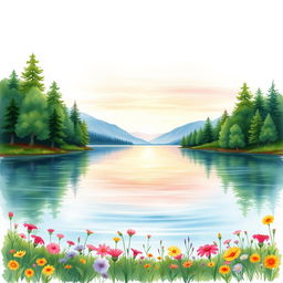 A serene lakeside scene illustrated in a beautiful watercolor style, designed for a book cover